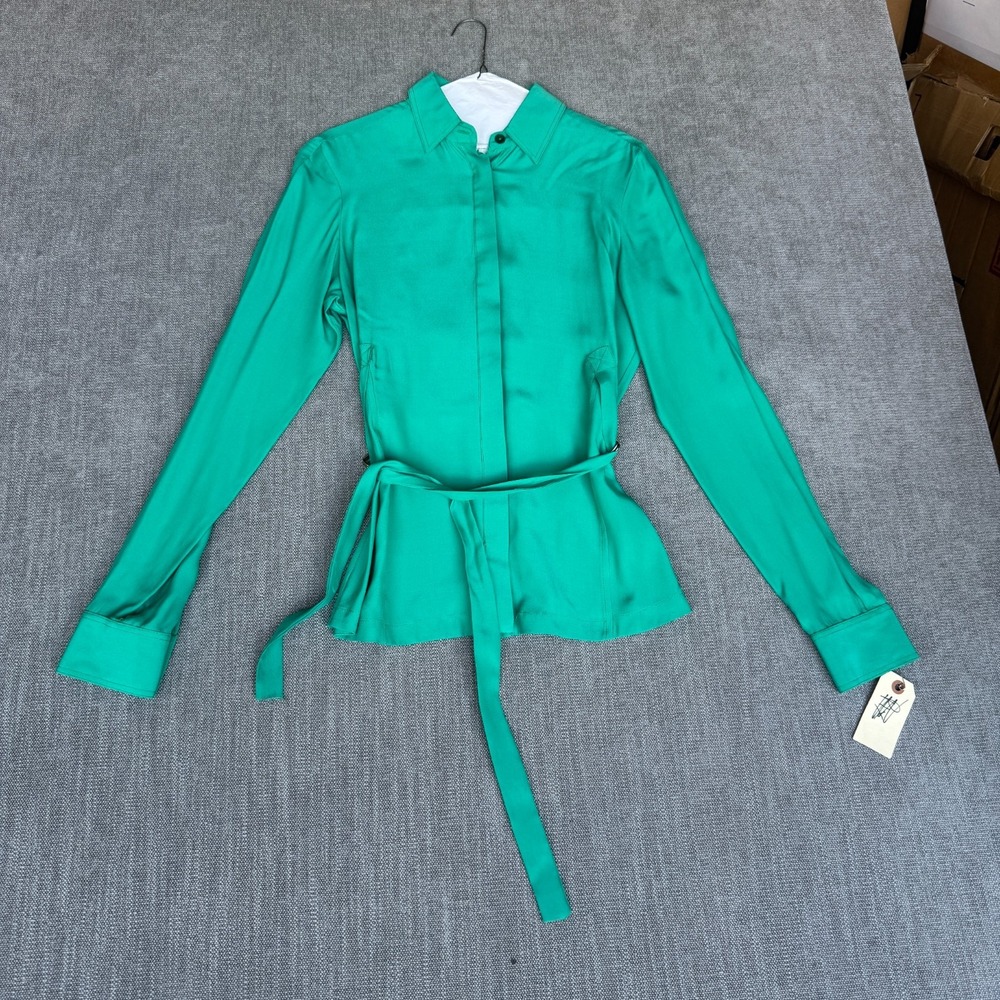 Freda's Emerald Shirt Top Womens 8 Green Silk Long Sleeve Tie Waist Collared